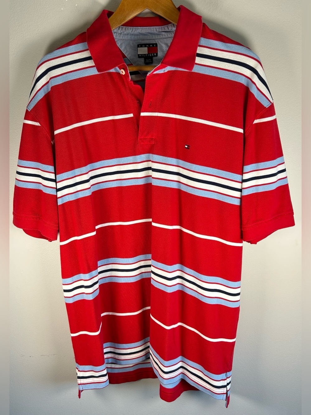 Tommy Hilfiger Mens Polo Shirt XL Red White Stripes Logo Cotton Vintage Y2K 2005